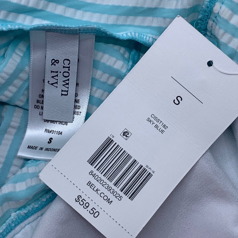 NWT Crown & Ivy Seersucker Blue/White Stripe Ruffled V-Neck Swim TankiniTop Sz S - Picture 6 of 8